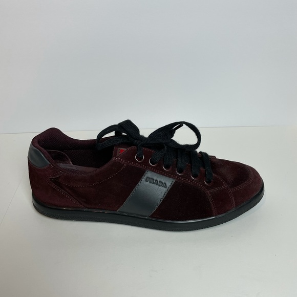 Prada Burgundy Suede Sneakers with Black Leather - Picture 4 of 11